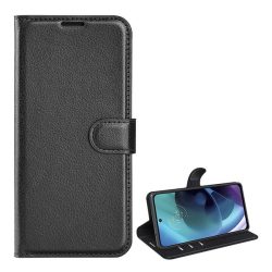   Tok álló, bőr hatású (FLIP, oldalra nyíló, asztali tartó, prémium) FEKETE Motorola Moto G51 5G (XT2171)