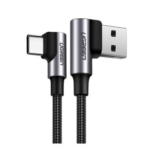 UGREEN adatkábel (USB - Type-C, 3A, gyorstöltő 3.0, 90 fokos, 50cm, törésgátló, cipőfűző) FEKETE