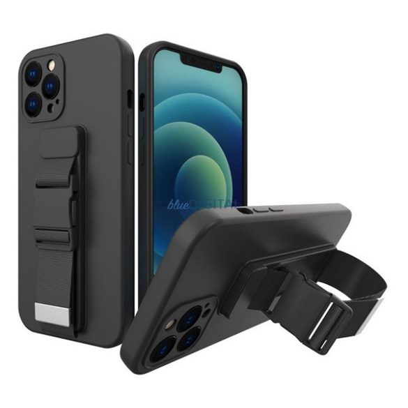 Szilikon telefonvédő (közepesen ütésálló, mikrofiber plüss belső, kamera védelem + kézpánt + vállpánt) FEKETE Apple iPhone 11 Pro