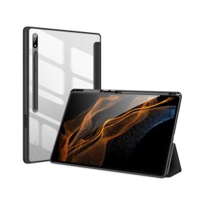 DUX DUCIS TOBY tok álló, bőr hatású (aktív FLIP, oldalra nyíló, TRIFOLD, asztali tartó, ceruza tartó) FEKETE Samsung Galaxy Tab S8 Ultra LTE (SM-X906), Samsung Galaxy Tab S8 Ultra WIFI (SM-X900)