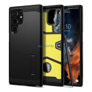 SPIGEN TOUGH ARMOR műanyag telefonvédő (szilikon keret, közepesen ütésálló, kitámasztó) FEKETE Samsung Galaxy S22 Ultra