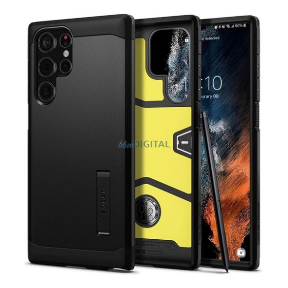 SPIGEN TOUGH ARMOR műanyag telefonvédő (szilikon keret, közepesen ütésálló, kitámasztó) FEKETE Samsung Galaxy S22 Ultra