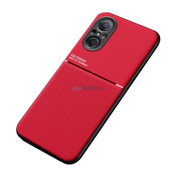 Műanyag telefonvédő (szilikon keret, közepesen ütésálló, beépített fémlemez, bőr hatású hátlap, csíkos minta) PIROS Huawei Nova 9 SE