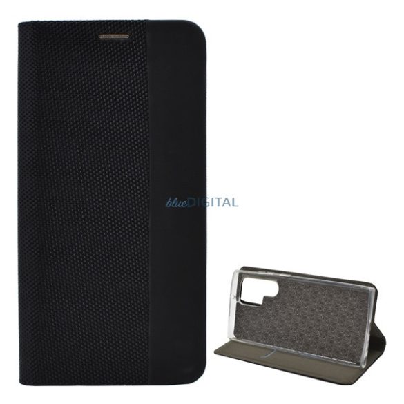 Tok álló, bőr hatású (FLIP, oldalra nyíló, asztali tartó funkció, textil minta) FEKETE Samsung Galaxy S22 Ultra 5G (SM-S908)
