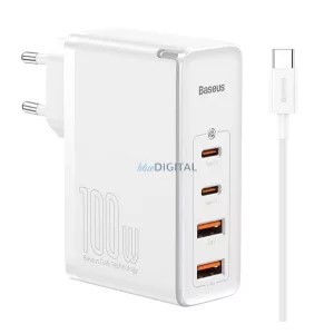 BASEUS hálózati töltő 2 USB+2 Type-C aljzat (100W, GaN2, PD gyorstöltő 4.0 + Type-C kábel) FEHÉR