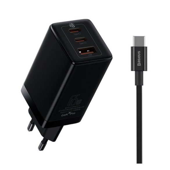 BASEUS hálózati töltő USB+2 Type-C aljzat (65W, GaN3, PD gyorstöltő 4.0 + Type-C kábel) FEKETE