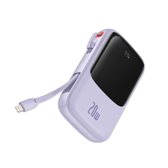 BASEUS QPOW vésztöltő USB+2 Type-C aljzat (10000mAh, 20W, PD gyorstöltő, LED kijelző + lightning kábel) LILA