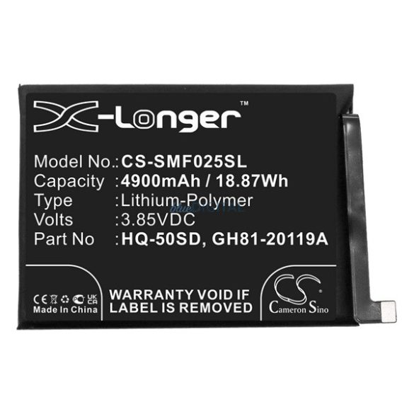 CAMERON SINO Li-Polymer akku (3.85V/4900mAh, Samsung GH81-20119A kompatibilis) FEKETE Samsung Galaxy A02s (SM-A025F), Samsung Galaxy A03s (SM-A037F)