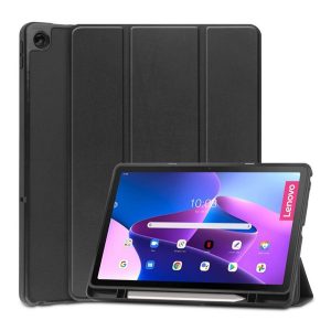 Tok álló, bőr hatású (aktív FLIP, oldalra nyíló, TRIFOLD, asztali tartó, ceruza tartó) FEKETE Lenovo Tab M10 Plus (TB128) LTE, Lenovo Tab M10 Plus (TB125) WIFI