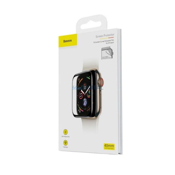 BASEUS kijelzővédő fólia (full screen, íves részre, öntapadós PET, 0.2mm) FEKETE Apple Watch Series 4 40mm, Apple Watch Series 5 40mm, Apple Watch Series 6 40mm, Apple Watch Series SE 40mm