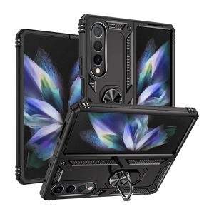 Defender műanyag telefonvédő (közepesen ütésálló, szilikon belső, telefontartó gyűrű, kamera védelem) FEKETE Samsung Galaxy Z Fold4 5G (SM-F936)