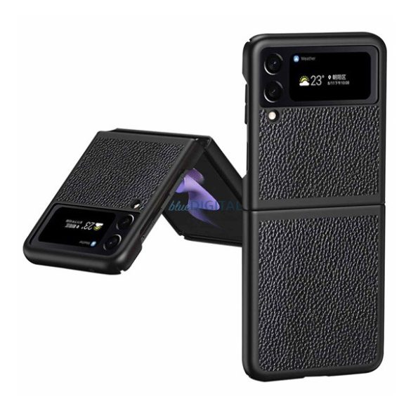 Tok álló, bőr hatású (FLIP, oldalra nyíló, asztali tartó funkció, prémium) FEKETE Samsung Galaxy Z Flip4 5G (SM-F721)