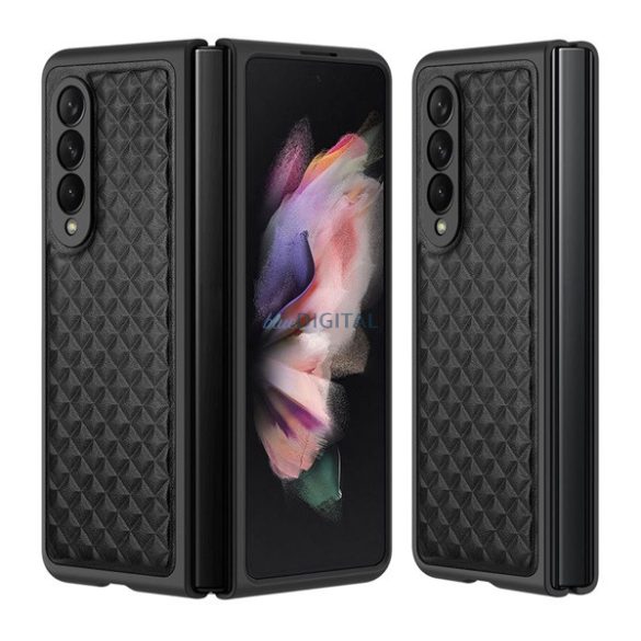 DUX DUCIS VENICE műanyag telefonvédő (valódi bőr hátlap, 3D rombusz minta, prémium) FEKETE Samsung Galaxy Z Fold4 5G (SM-F936)
