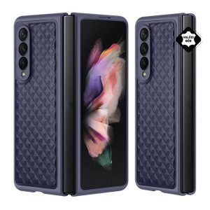 DUX DUCIS VENICE műanyag telefonvédő (valódi bőr hátlap, 3D rombusz minta, prémium) SÖTÉTKÉK Samsung Galaxy Z Fold4 5G (SM-F936)