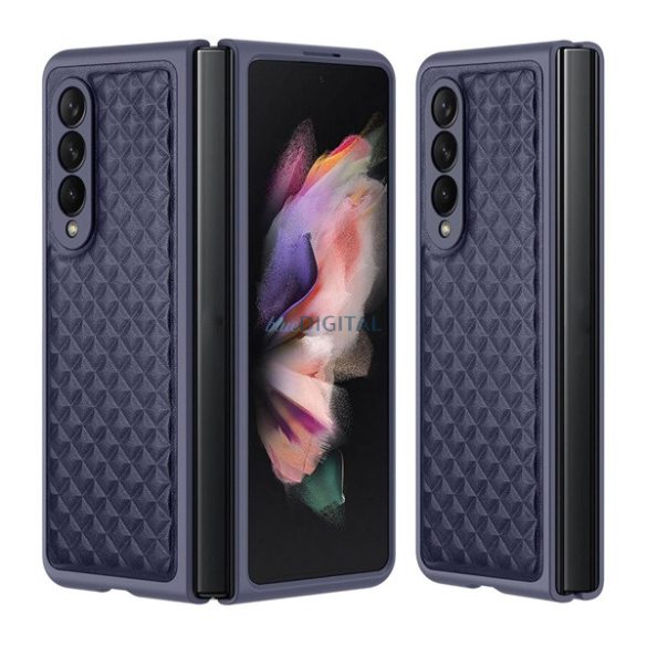 DUX DUCIS VENICE műanyag telefonvédő (valódi bőr hátlap, 3D rombusz minta, prémium) SÖTÉTKÉK Samsung Galaxy Z Fold4 5G (SM-F936)
