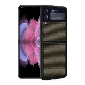 Műanyag telefonvédő (közepesen ütésálló, bőr hatású hátlap, karbon minta) ARANY Samsung Galaxy Z Flip4 5G (SM-F721)