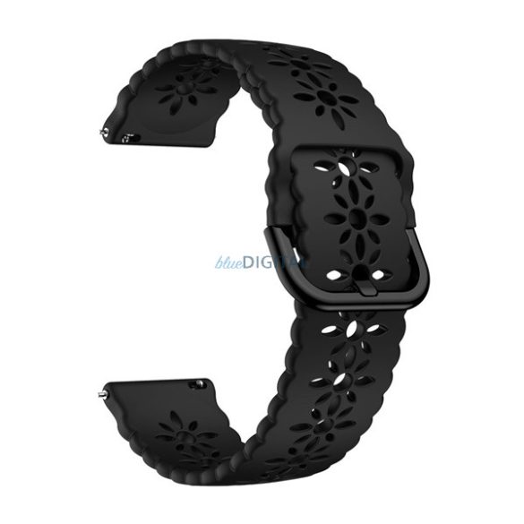 Pótszíj (univerzális, 20 mm, szilikon, lyukacsos, virág minta) FEKETE Huawei Watch GT 2 42mm, Samsung Galaxy Watch 42mm (SM-R810N), Samsung Galaxy Gear S2 Classic (SM-R732), Amazfit Bip, Haylou LS