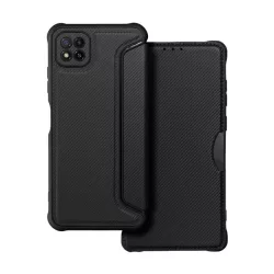   Tok álló, bőr hatású (FLIP, oldalra nyíló, légpárnás sarok, kamera védelem, karbon minta) FEKETE Samsung Galaxy A22 5G (SM-A226)