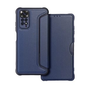 Tok álló, bőr hatású (FLIP, oldalra nyíló, légpárnás sarok, kamera védelem, karbon minta) SÖTÉTKÉK Xiaomi Redmi Note 11 4G (Redmi Note 11S)