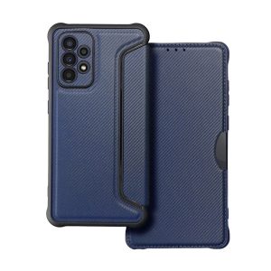 Tok álló, bőr hatású (FLIP, oldalra nyíló, légpárnás sarok, kamera védelem, karbon minta) SÖTÉTKÉK Samsung Galaxy A52 5G (SM-A526F), Samsung Galaxy A52 4G (SM-A525F), Samsung Galaxy A52s