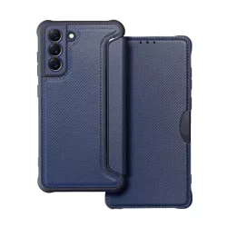   Tok álló, bőr hatású (FLIP, oldalra nyíló, légpárnás sarok, kamera védelem, karbon minta) SÖTÉTKÉK Samsung Galaxy S21 FE (SM-G990)