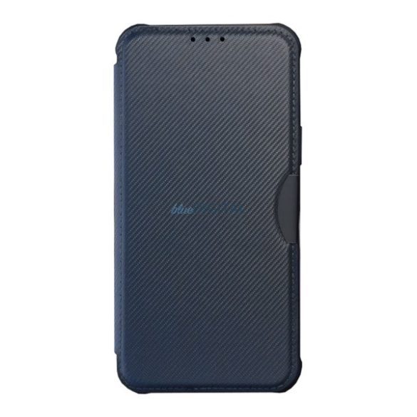 Tok álló, bőr hatású (FLIP, oldalra nyíló, légpárnás sarok, kamera védelem, karbon minta) SÖTÉTKÉK Samsung Galaxy S22 5G (SM-S901)
