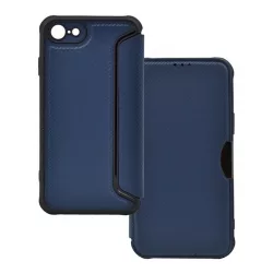   Tok álló, bőr hatású (FLIP, oldalra nyíló, légpárnás sarok, kamera védelem, karbon minta) SÖTÉTKÉK Apple iPhone SE 3 (2022), Apple iPhone SE 2 (2020), Apple iPhone 8 4.7, Apple iPhone 7 
