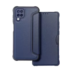   Tok álló, bőr hatású (FLIP, oldalra nyíló, légpárnás sarok, kamera védelem, karbon minta) SÖTÉTKÉK Samsung Galaxy A12 (SM-A125F, SM-A127F)