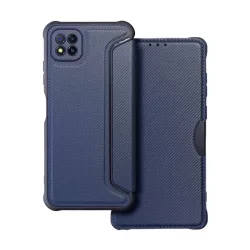   Tok álló, bőr hatású (FLIP, oldalra nyíló, légpárnás sarok, kamera védelem, karbon minta) SÖTÉTKÉK Samsung Galaxy A22 5G (SM-A226)