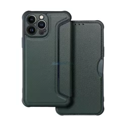   Tok álló, bőr hatású (FLIP, oldalra nyíló, légpárnás sarok, kamera védelem, karbon minta) SÖTÉTKÉK Apple iPhone 14 Pro Max