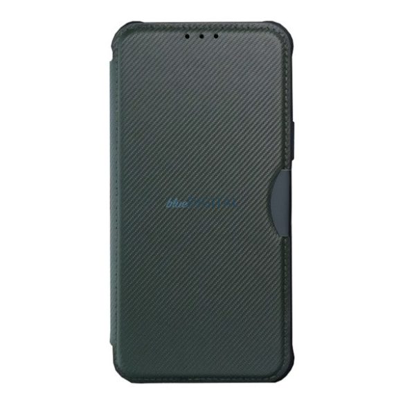 Tok álló, bőr hatású (FLIP, oldalra nyíló, légpárnás sarok, kamera védelem, karbon minta) SÖTÉTZÖLD Samsung Galaxy S22 5G (SM-S901)