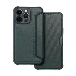   Tok álló, bőr hatású (FLIP, oldalra nyíló, légpárnás sarok, kamera védelem, karbon minta) SÖTÉTZÖLD Apple iPhone 14 Pro Max