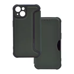   Tok álló, bőr hatású (FLIP, oldalra nyíló, légpárnás sarok, kamera védelem, karbon minta) SÖTÉTZÖLD Apple iPhone 14