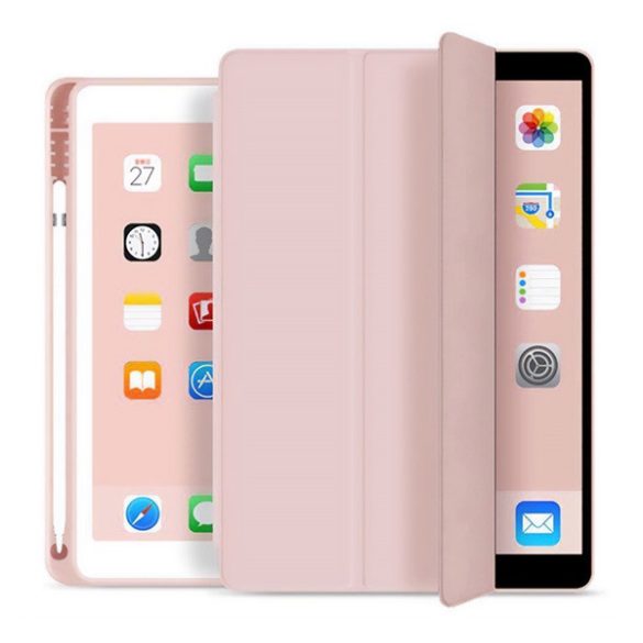 Tok álló, bőr hatású (aktív FLIP, oldalra nyíló, TRIFOLD, asztali tartó, ceruza tartó) RÓZSASZÍN Apple IPAD Air 2022, Apple IPAD Air 2020 (Air 4)