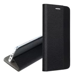   Tok álló, bőr hatású (FLIP, oldalra nyíló, asztali tartó funkció, textil minta) FEKETE Apple iPhone 14 Plus