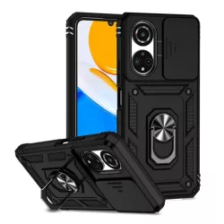   Defender műanyag telefonvédő (közepesen ütésálló, szilikon belső, telefontartó gyűrű, kamera védelem) FEKETE Honor X7 (2022)