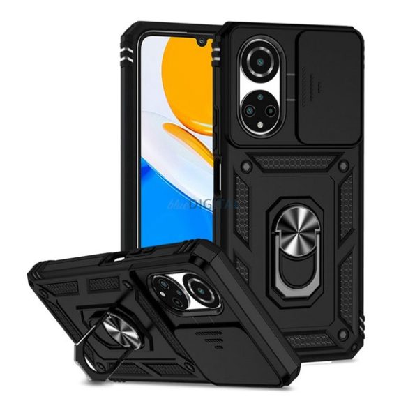 Defender műanyag telefonvédő (közepesen ütésálló, szilikon belső, telefontartó gyűrű, kamera védelem) FEKETE Honor X7 (2022)