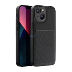   Műanyag telefonvédő (szilikon keret, közepesen ütésálló, beépített fémlemez, bőr hatású hátlap, csíkos minta) FEKETE Apple iPhone 14 Plus