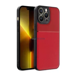  Műanyag telefonvédő (szilikon keret, közepesen ütésálló, beépített fémlemez, bőr hatású hátlap, csíkos minta) PIROS Apple iPhone 14 Pro Max