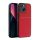 Műanyag telefonvédő (szilikon keret, közepesen ütésálló, beépített fémlemez, bőr hatású hátlap, csíkos minta) PIROS Apple iPhone 14