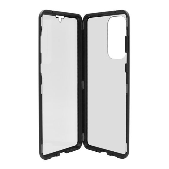 Alumínium telefonvédő (360°-os védelem, mágneses, közepesen ütésálló, edzett üveg előlap, hátlap, 9H) FEKETE Samsung Galaxy A33 5G (SM-A336)