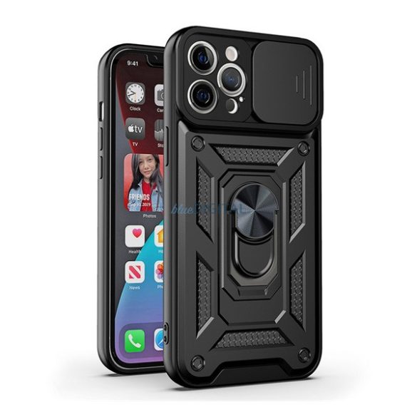 Defender műanyag telefonvédő (közepesen ütésálló, szilikon belső, telefontartó gyűrű, kamera védelem) FEKETE Apple iPhone 14 Pro Max