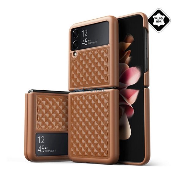 DUX DUCIS VENICE műanyag telefonvédő (valódi bőr hátlap, 3D rombusz minta, prémium) BARNA Samsung Galaxy Z Flip3 5G (SM-F711)