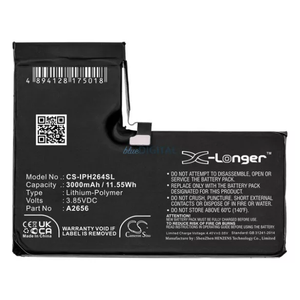 CAMERON SINO Li-Polymer akku (3.85V/3000mAh, Apple A2656 kompatibilis) FEKETE Apple iPhone 13 Pro