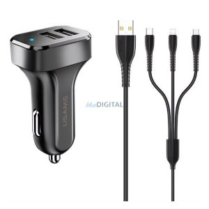USAMS KING TU C13 autós töltő 2 USB aljzat (10W, LED jelzés + lightning/microUSB/Type-C kábel) FEKETE