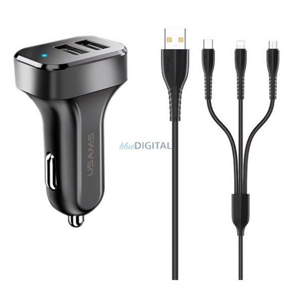 USAMS KING TU C13 autós töltő 2 USB aljzat (10W, LED jelzés + lightning/microUSB/Type-C kábel) FEKETE