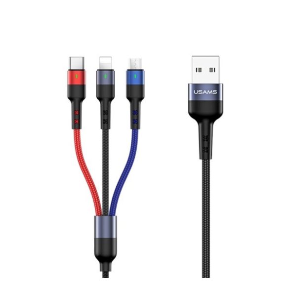 USAMS U26 adatkábel 3in1 (USB - lightning/Type-C/microUSB, 2A, gyorstöltő, 35cm) FEKETE