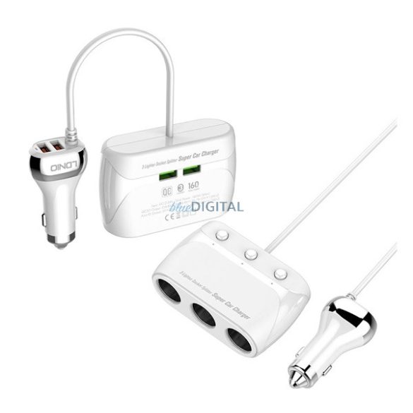 LDNIO szivargyújtó adapter (elosztó, 3 szivargyújtó+4 USB aljzat, 160W) FEHÉR