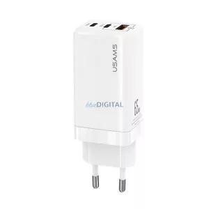USAMS MT hálózati töltő 2 Type-C+USB aljzat (65W, GaN, PD gyorstöltő 3.0) FEHÉR
