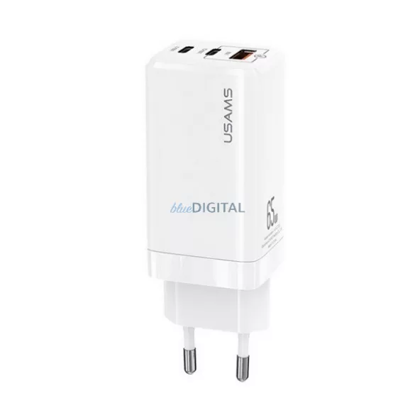 USAMS MT hálózati töltő 2 Type-C+USB aljzat (65W, GaN, PD gyorstöltő 3.0) FEHÉR